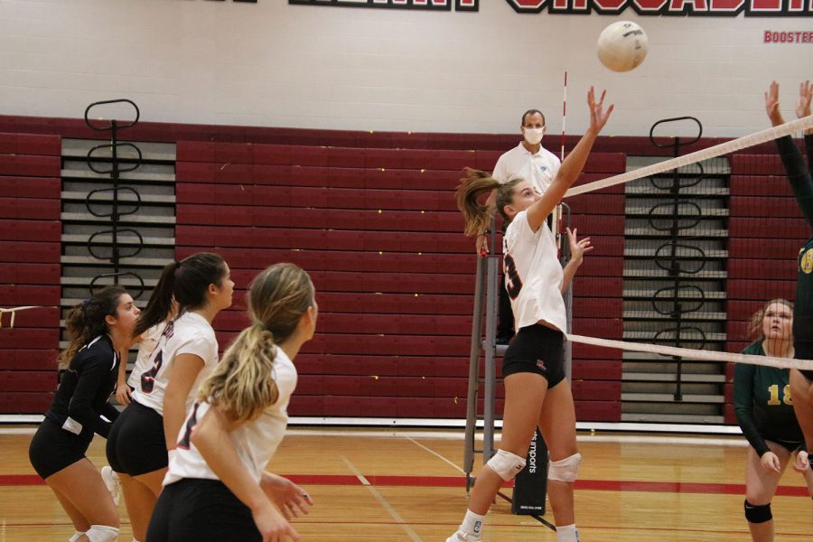 Senior Ashton Dilts tips the ball over the net.