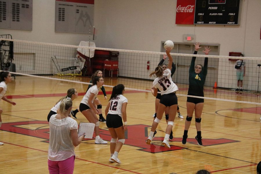 Senior Ashton Dilts tips the ball over the net.