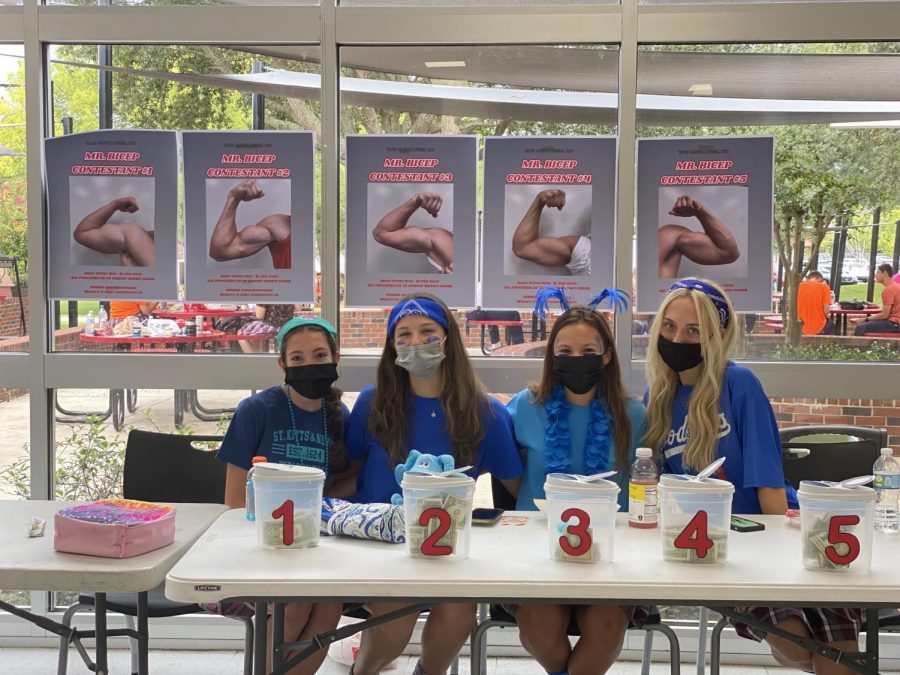 The junior cheerleaders collecting money for Mr. biceps.