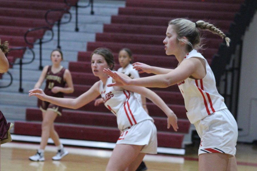 Freshman Rylie Muldoon and junior Lauren Reichard on defense at the Nov. 18 game against Episcopal. 