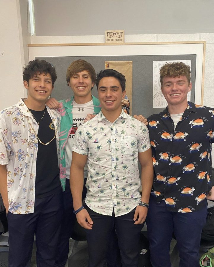 Students dressed up in tropical attire.