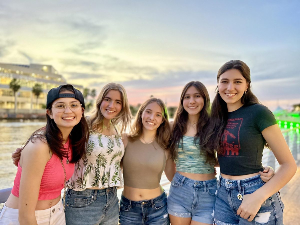 (From left to right) Sophia Carman, Mary Clare Stinneford, Melanie Staples, Carolina Feitoza and Giovanna Feitoza on their way to dinner in downtown Tampa after completing their performances
