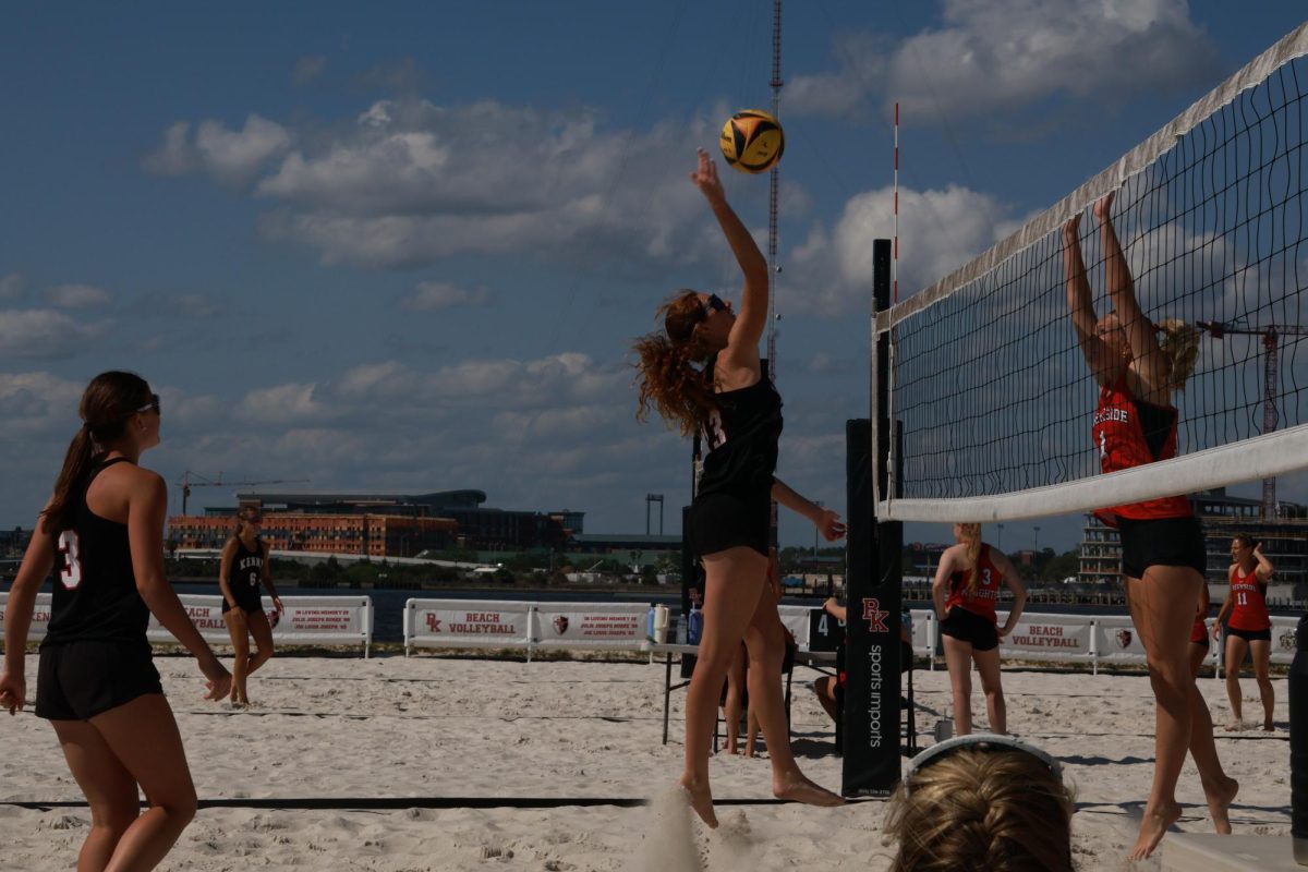 Senior Julie Meehan swings at the net.