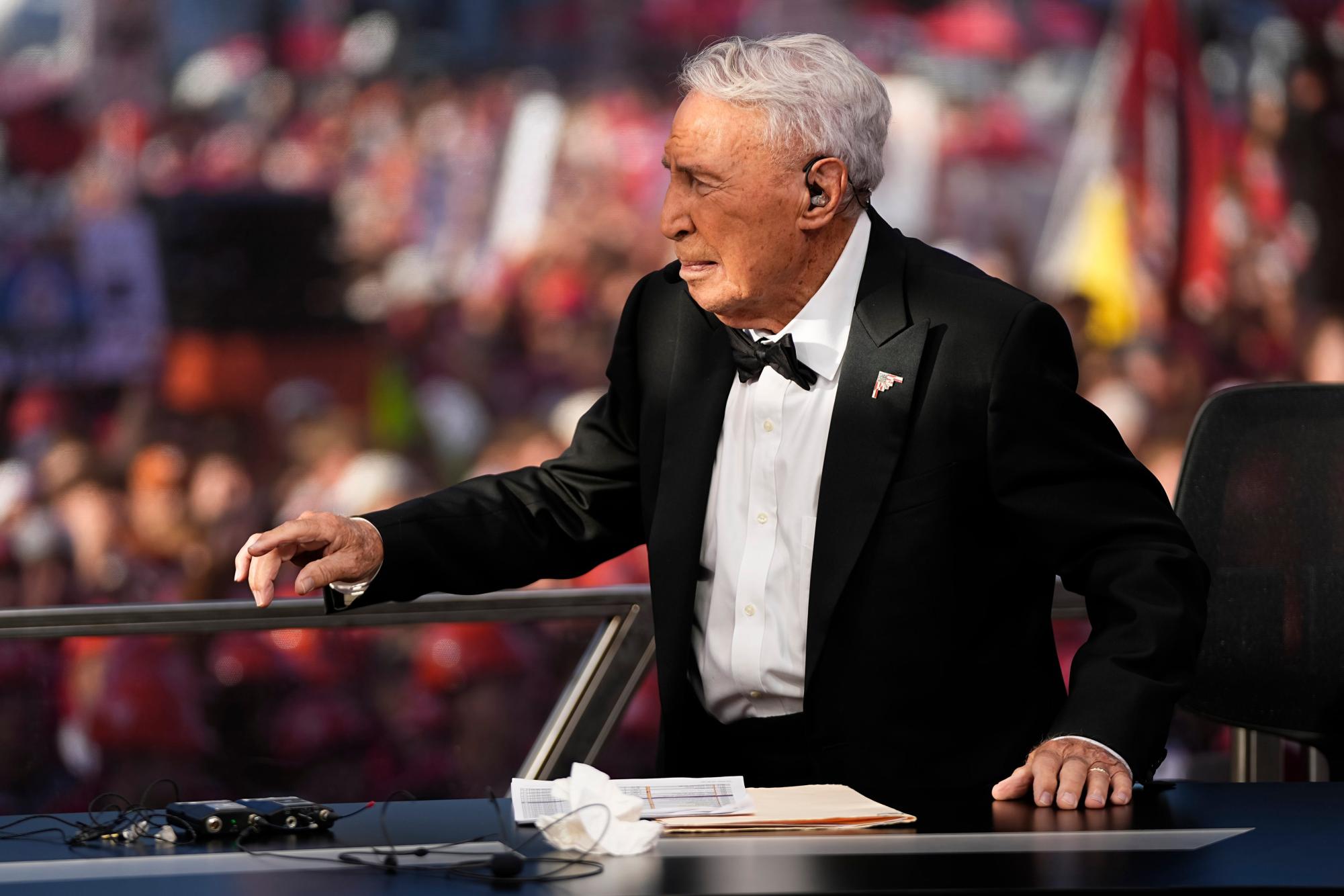 Aug 30, 2025; Columbus, Ohio, USA; Lee Corso prepares for his final show on the set of ESPN College GameDay prior to the NCAA football game between the Ohio State Buckeyes and the Texas Longhorns at Ohio Stadium. Mandatory Credit: Adam Cairns - Imagn Images/ File Photo