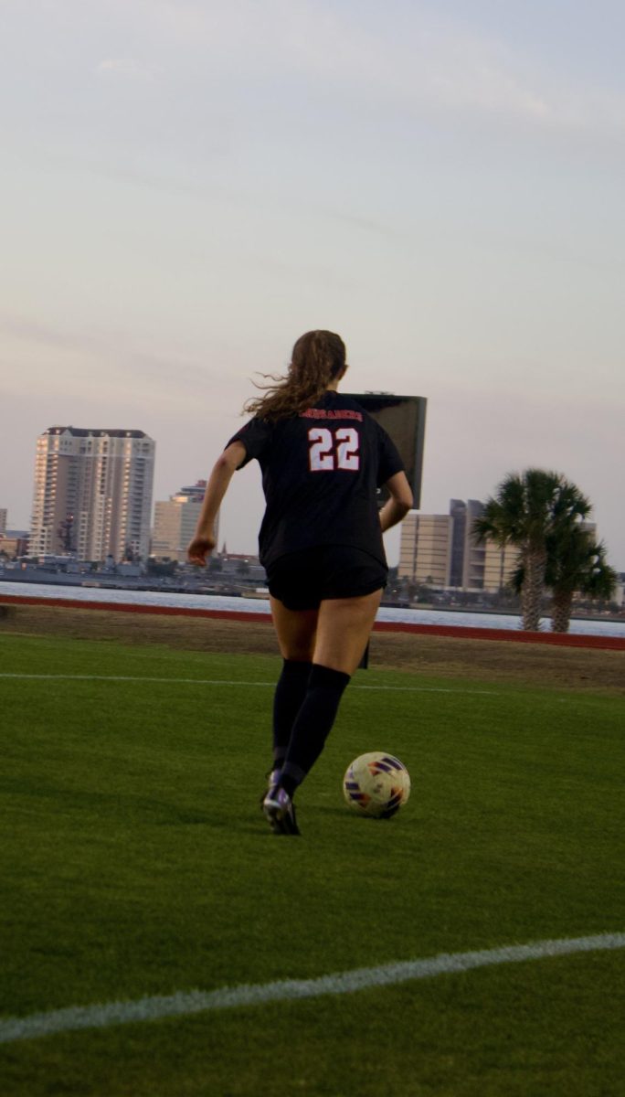 Senior Stella Jones drives towards the box in the regional final game against the Vanguard Knights on Tuesday February 17.