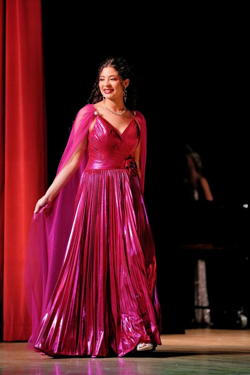 Tendrils of curls framing her face, Michelle Santa Barbara models her fuchsia gown.